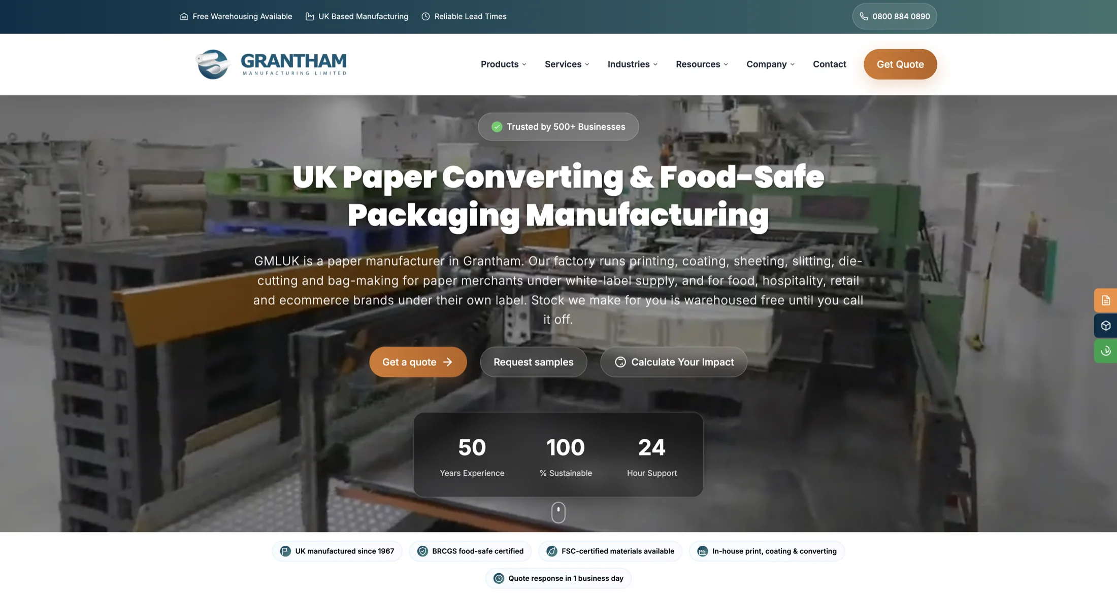 GMLUK website homepage presenting its manufacturing capabilities, trust signals and quotation actions